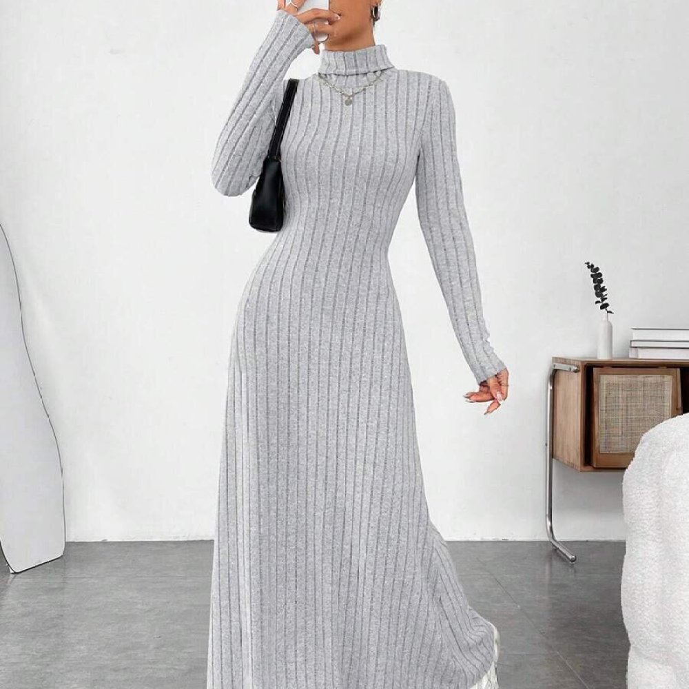 Bodycon Long Sleeve Ribbed Dress - Elegantes Herbstkleid mit hohem Kragen, langen