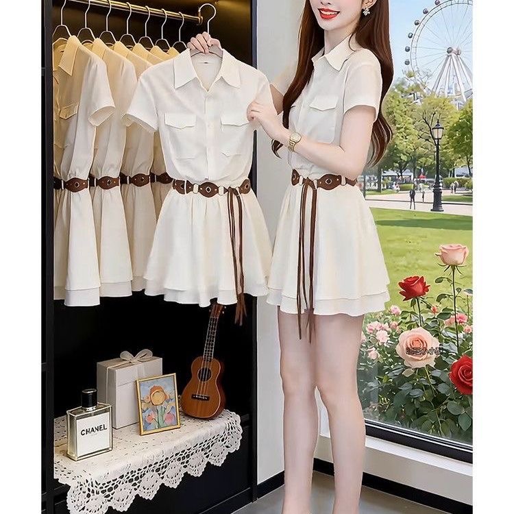 Korean Style A Line Shirt Dress - Koreanischer Stil Kurzarm-Hemdkleid für Damen, Eleganter