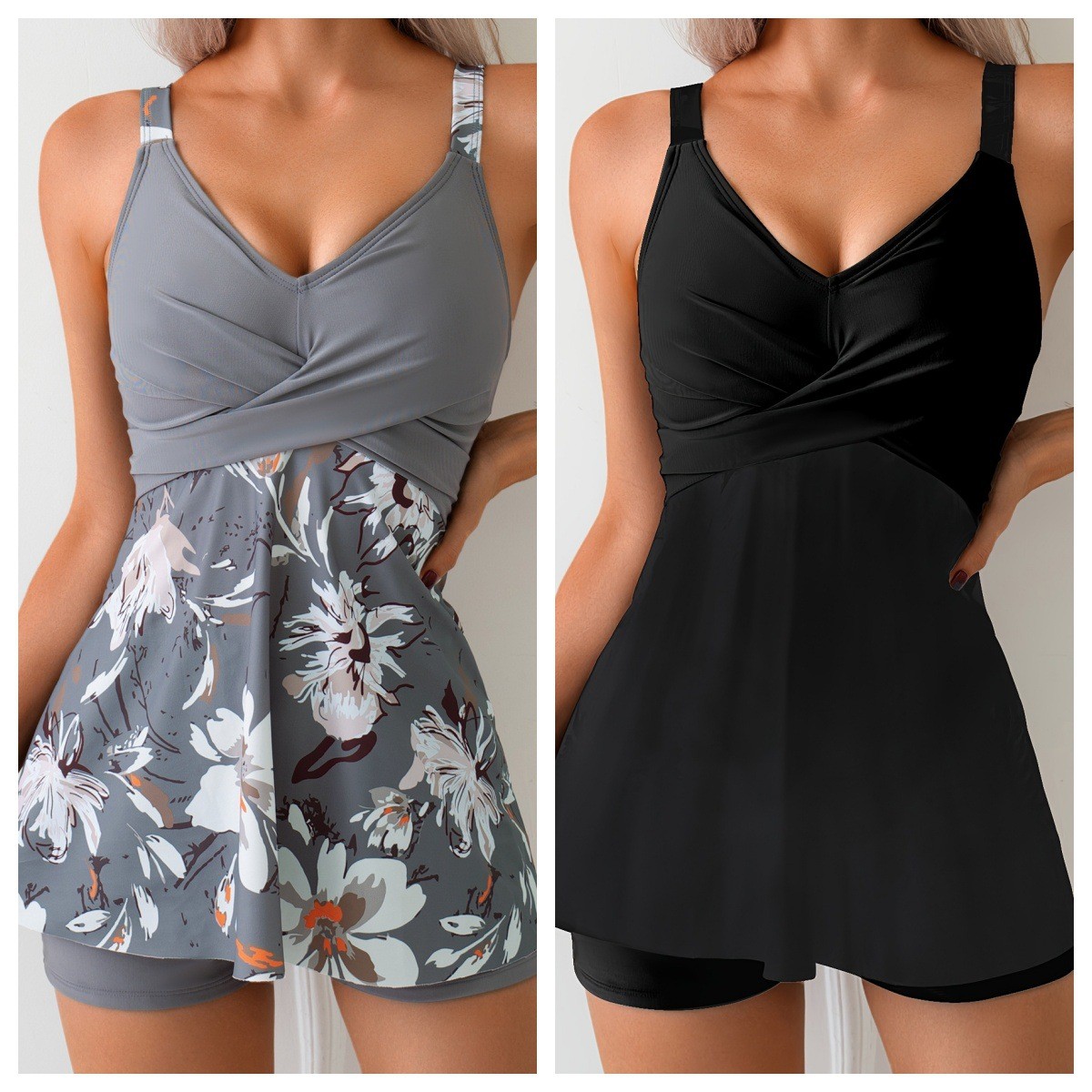 Tops - Badeanzug Damen Tankini Zweiteilig V-Ausschnitt Tankini-Oberteil