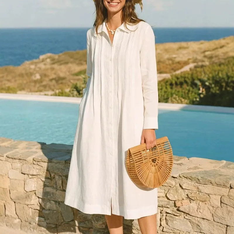 Casual Loose Linen Shirt Dress - Europäisches, langes, lockeres Freizeitkleid mit langen