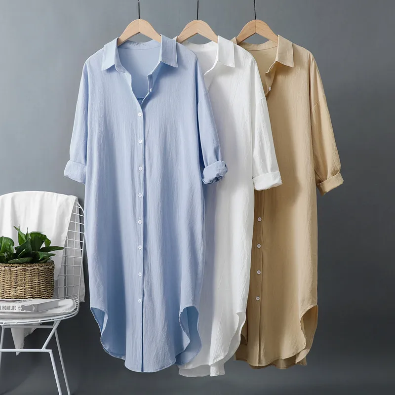 Casual Loose Linen Shirt Dress - Neue Baumwoll- und Leinen-Damenhemdkleider in Weiß,