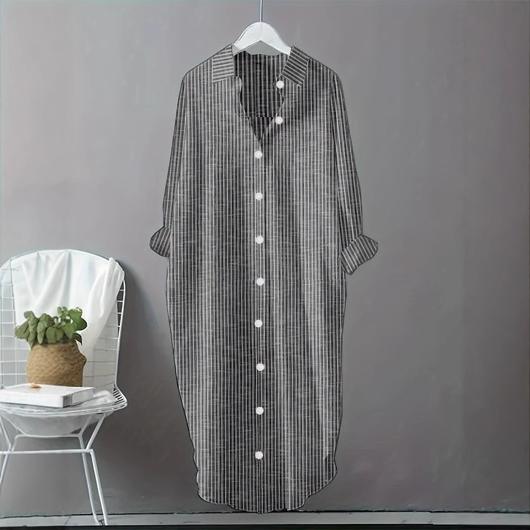 Casual Loose Linen Shirt Dress - Vintage Baumwoll-Leinen Gestreiftes Hemdkleid Damen Bluse