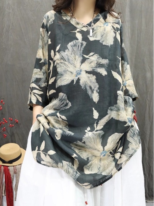 Casual Loose Linen Shirt Dress - Retro-Kunstleinen-Print-Hemdkleid, lässig, locker, mittellange Ärmel, V-Ausschnitt,