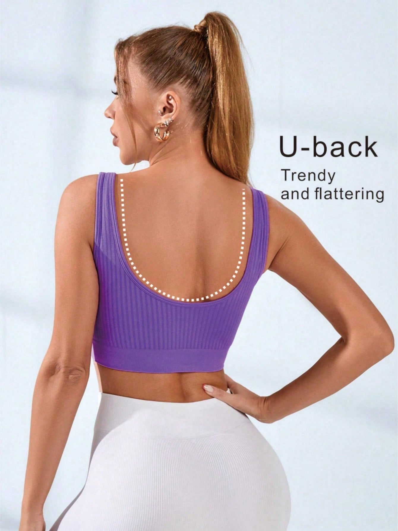 Seamless Ribbed Workout Tank Top - Gerippter U-Ausschnitt Sport-BH für Damen, nahtlos,