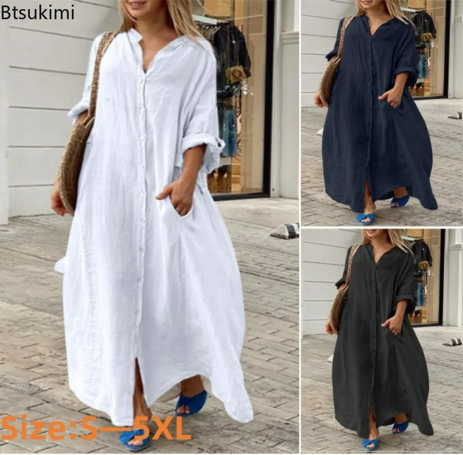 Casual Loose Linen Shirt Dress - 2026 Damen Casual Baumwoll-Leinen Langes Kleid
