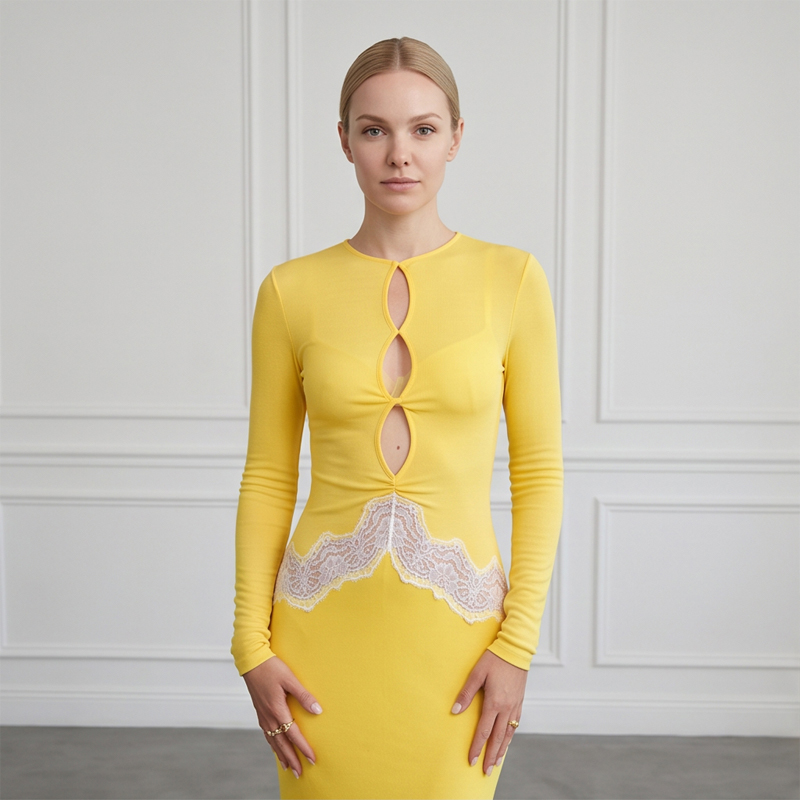 Bodycon Long Sleeve Ribbed Dress - Damen Gelbes Spitzen-Maxikleid mit Ausschnitten und