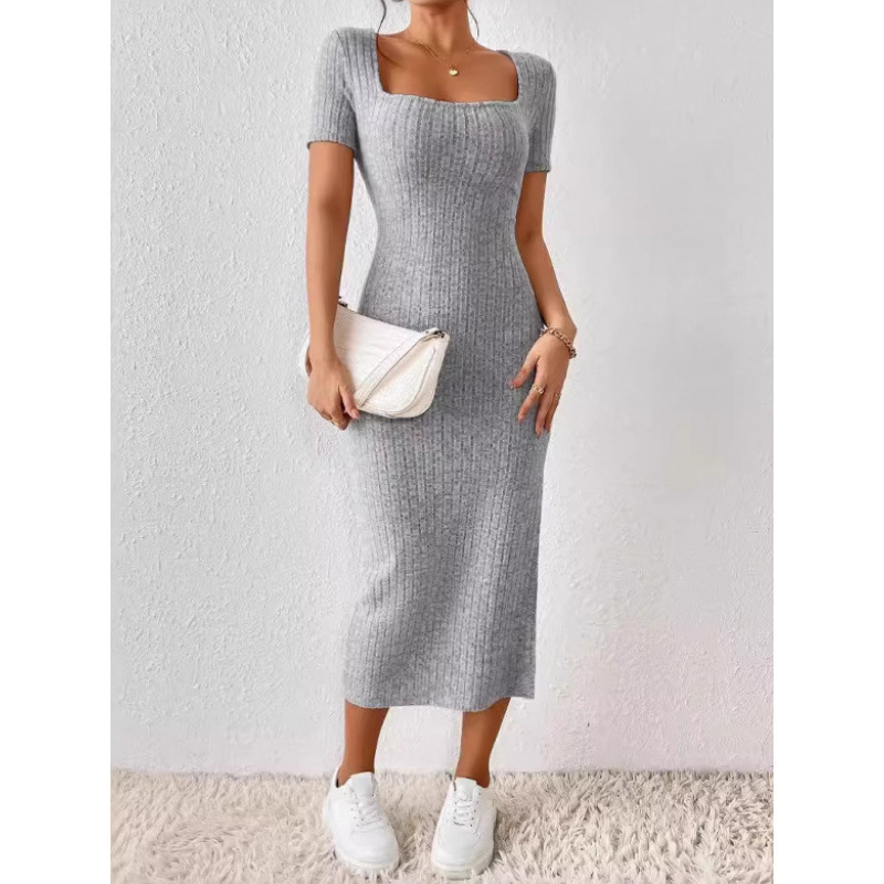 Bodycon Long Sleeve Ribbed Dress - Vintage Geripptes Strick-Midikleid für Damen, Quadratischer