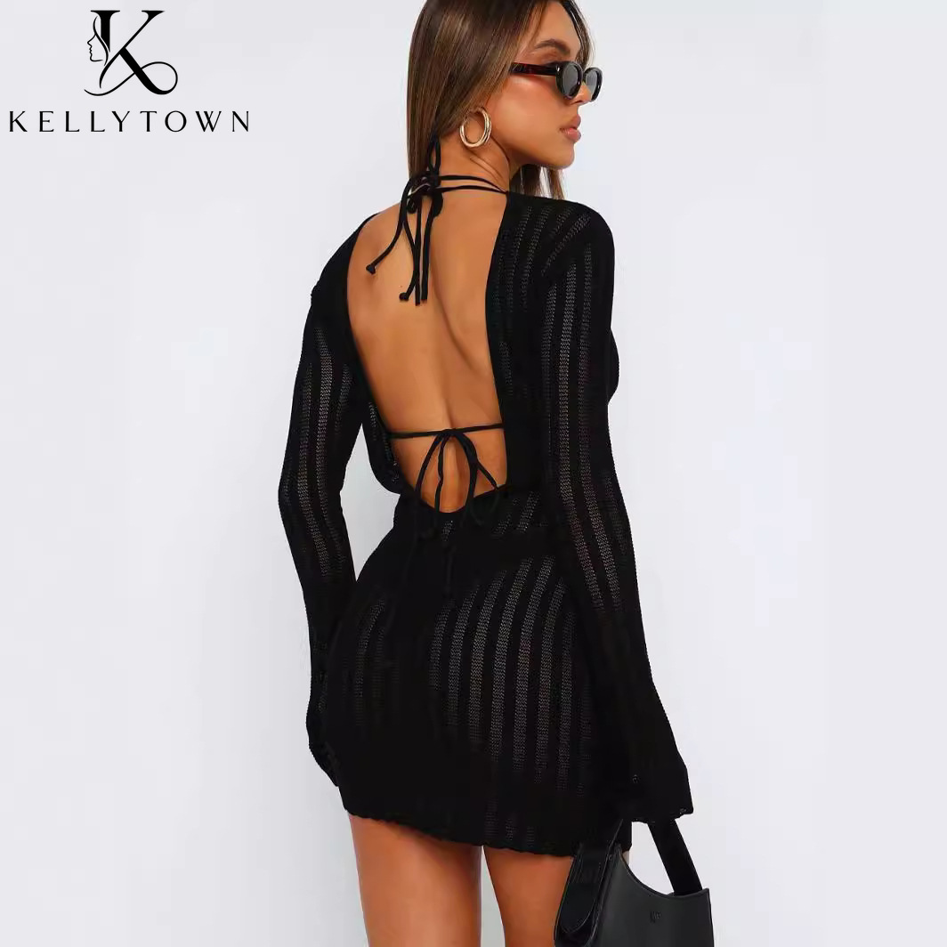 Bodycon Long Sleeve Ribbed Dress - Rückenfreies Kleid Sexy Geripptes Minikleid Damen