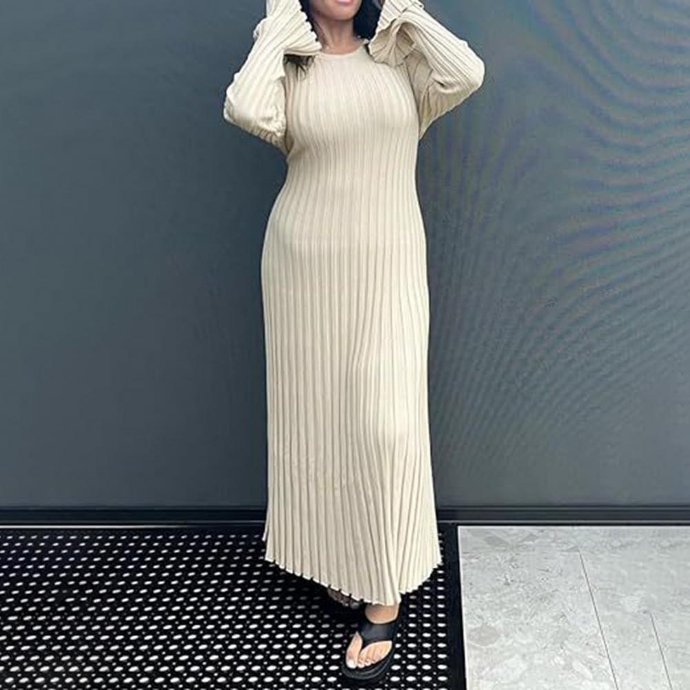 Bodycon Long Sleeve Ribbed Dress - Geripptes Strickkleid für Damen, Langarm-Maxikleid mit