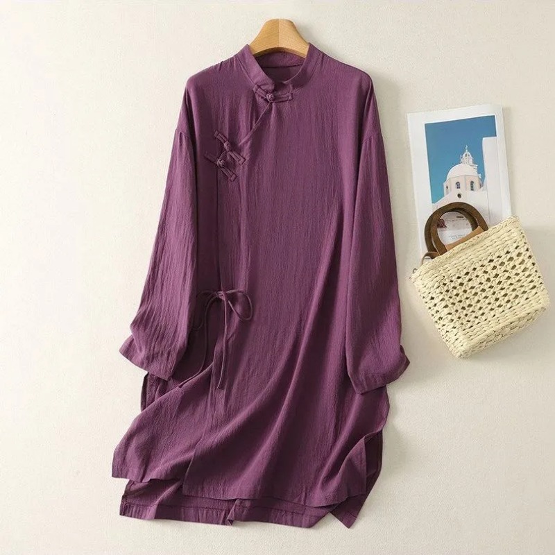 Casual Loose Linen Shirt Dress - Damen-Tunika-Kleid im chinesischen Stil mit Froschknöpfen,