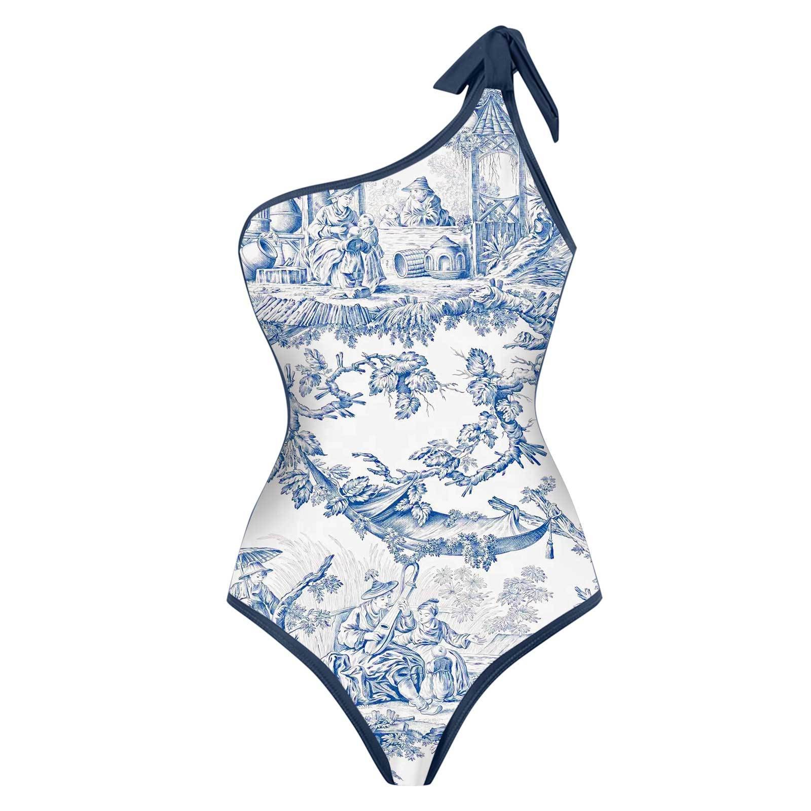 Skirts - Damen-Bikini, Tankini, blau-weißer Toile-Print, Bikinis, One-Shoulder-Badeanzug