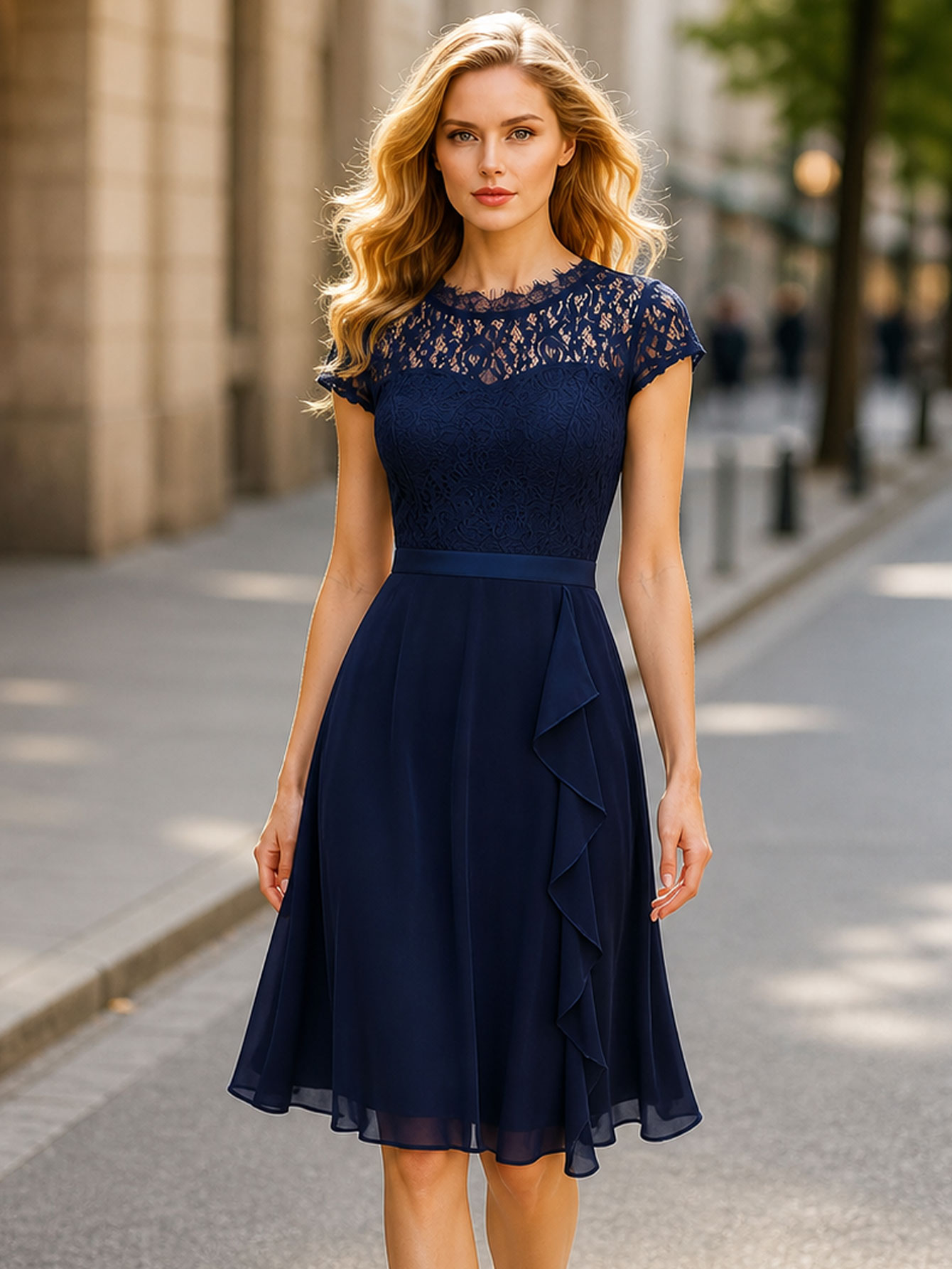 French Vintage Floral Midi Dress - Damen Casual Cocktail-Kleid mit Rundhalsausschnitt, Spitze,