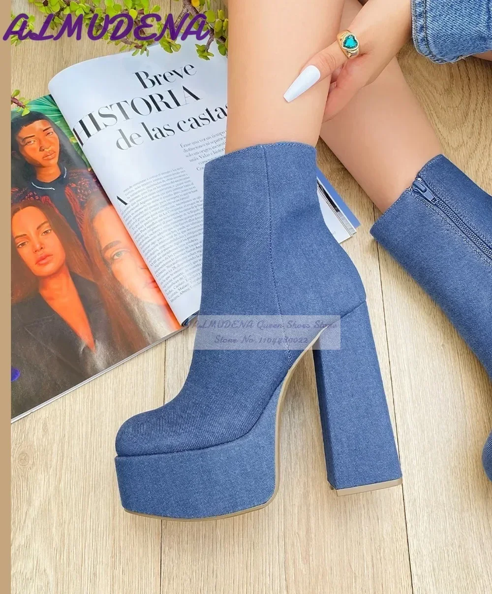 Jeans - ALMUDENA Blue Denim Block Heels Stiefeletten