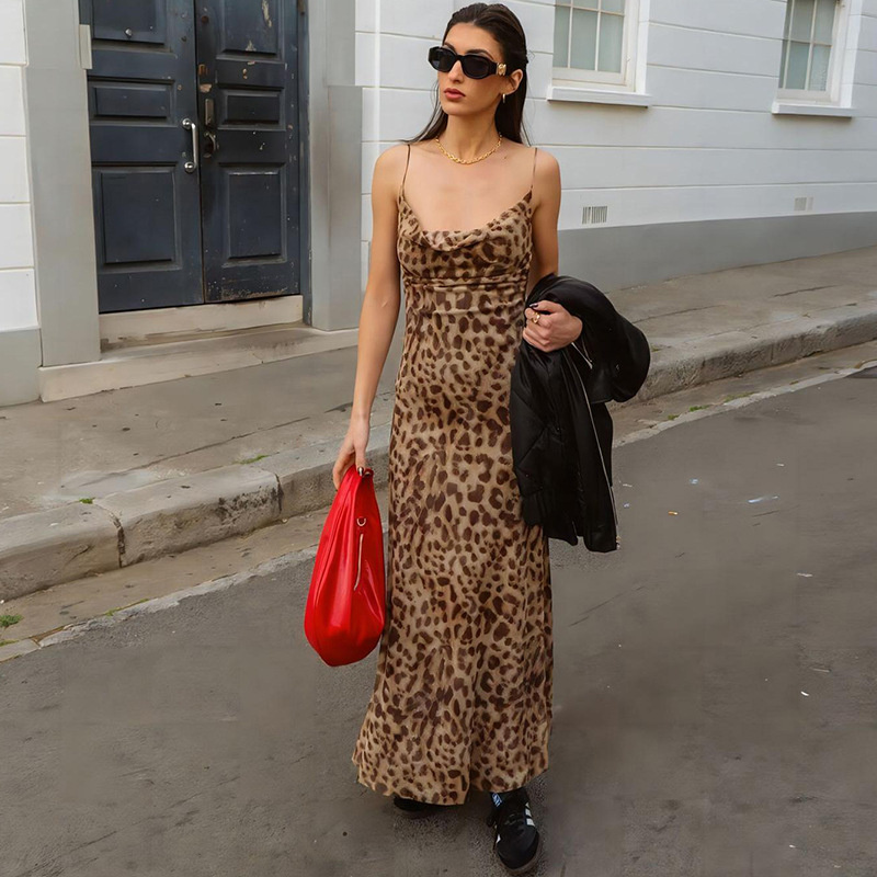 French Vintage Floral Midi Dress - Vintage Leopard Print Sexy Cami Kleid