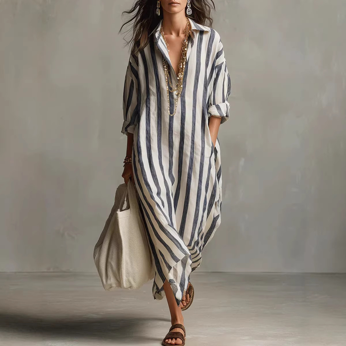 Casual Loose Linen Shirt Dress - Sommerliches, elegantes Leinenkleid mit gestreiftem Hemdkragen,