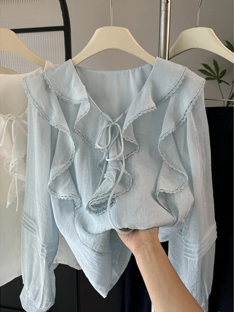 Blouses - Französische V-Ausschnitt Bluse mit Langen Ärmeln