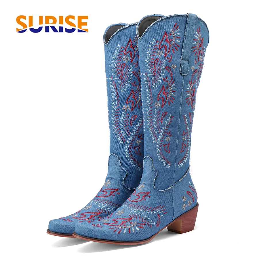 Jeans - Blaue Denim Western Cowgirl Kniehohe Stiefel