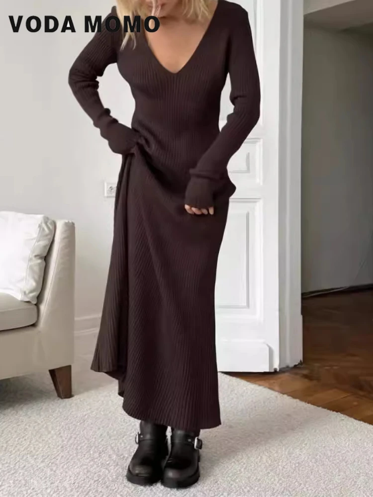 Bodycon Long Sleeve Ribbed Dress - Lange Ärmel Vielseitig Bodycon Maxi Kleider