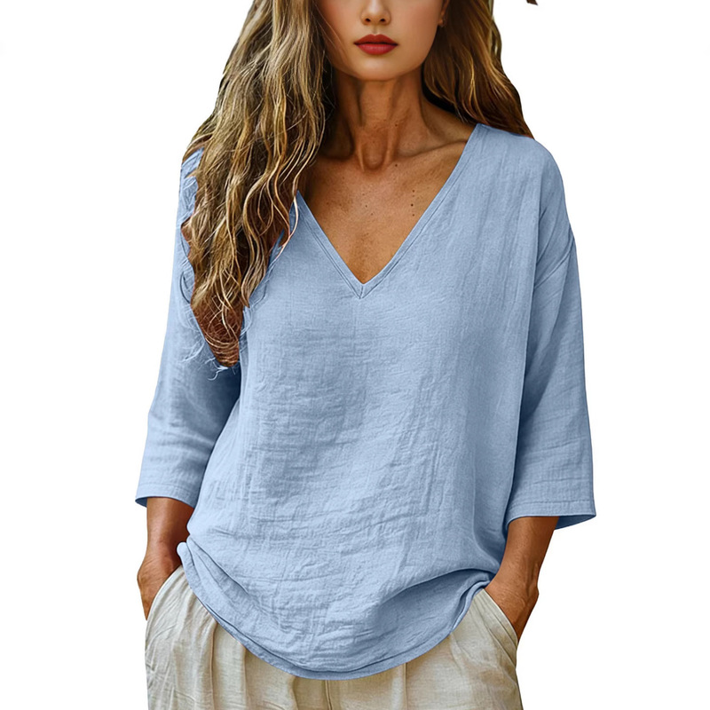 Blouses - Damen V-Ausschnitt Dreiviertelarm T-Shirts Lässige Locker