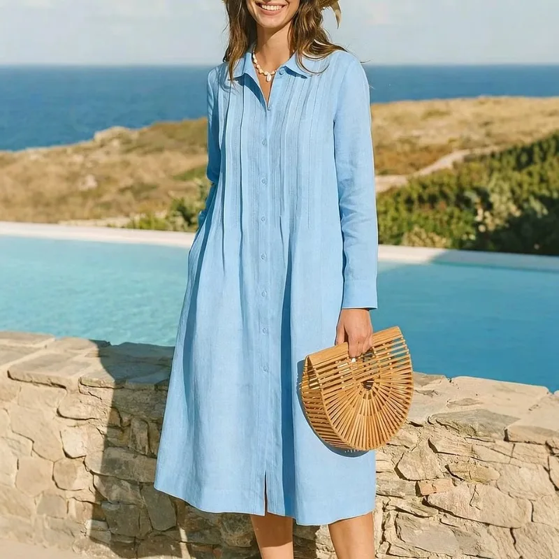 Europäisches, langes, lockeres – Casual Loose Linen Shirt Dress Bewertung und Preis