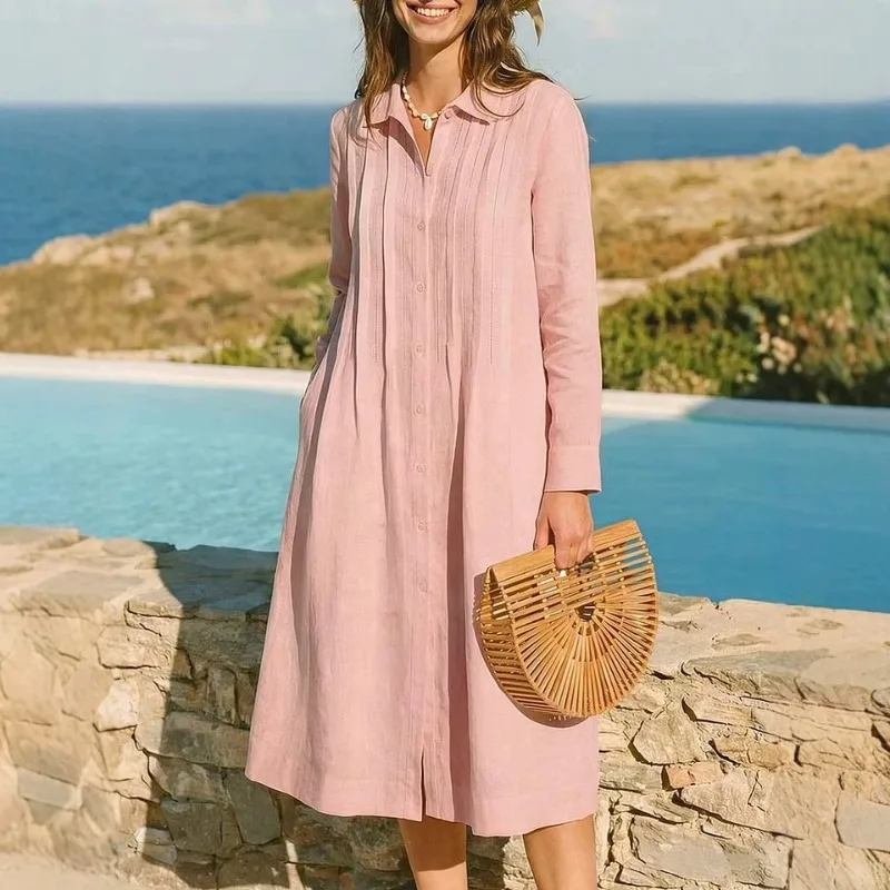 Europäisches, langes, lockeres – Casual Loose Linen Shirt Dress Bewertung und Preis