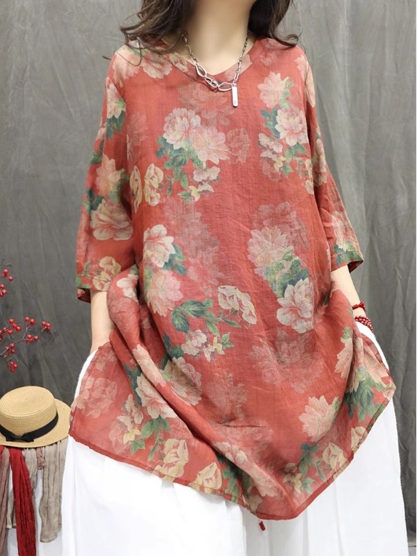 Retro-Kunstleinen-Print-Hemdkl – Casual Loose Linen Shirt Dress Bewertung und Preis