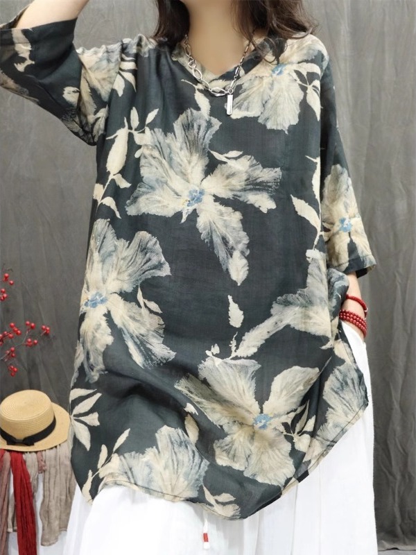 Retro-Kunstleinen-Print-Hemdkl – Casual Loose Linen Shirt Dress Bewertung und Preis